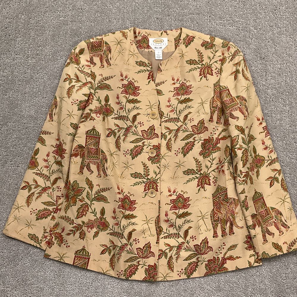 Talbots Jacket Women 2P Tan Red Indian Elephant Floral Oriental Silk